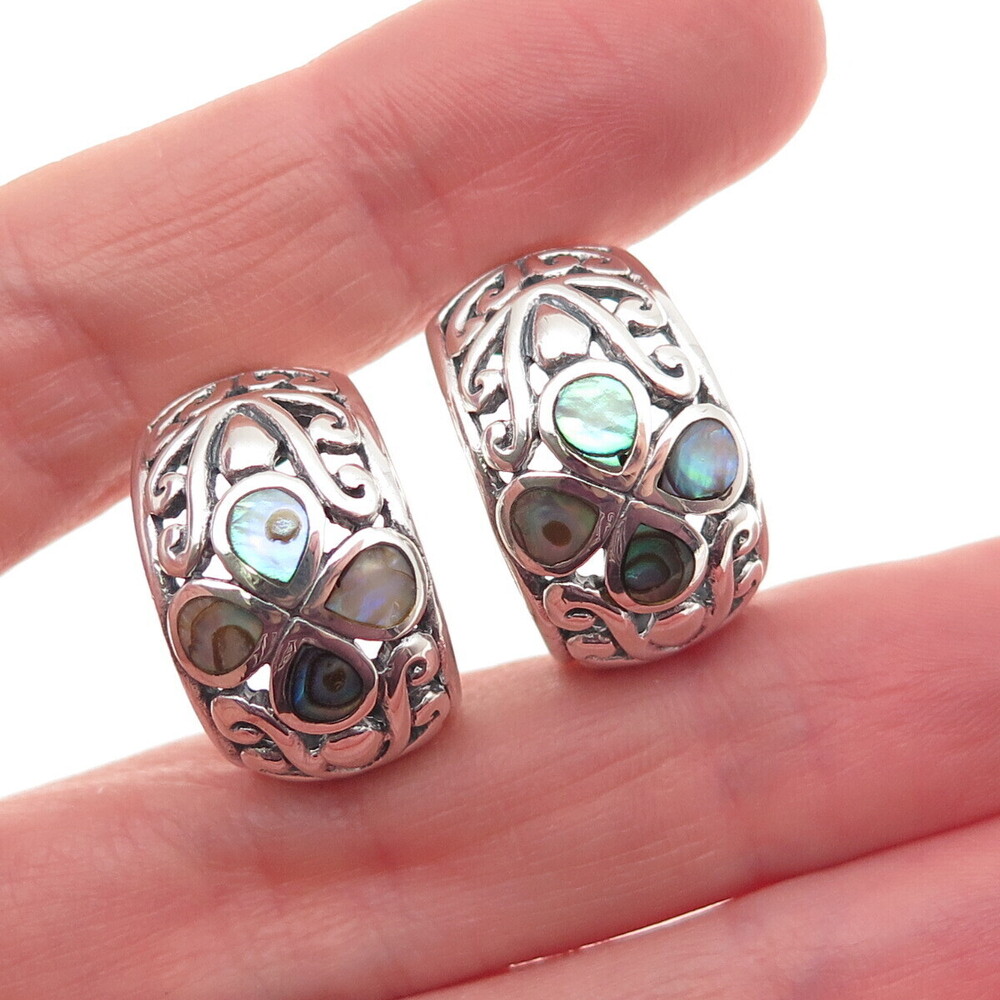 SX Sally C Sterling Silver Vintage Real Abalone Shell Floral Oxidized Earrings